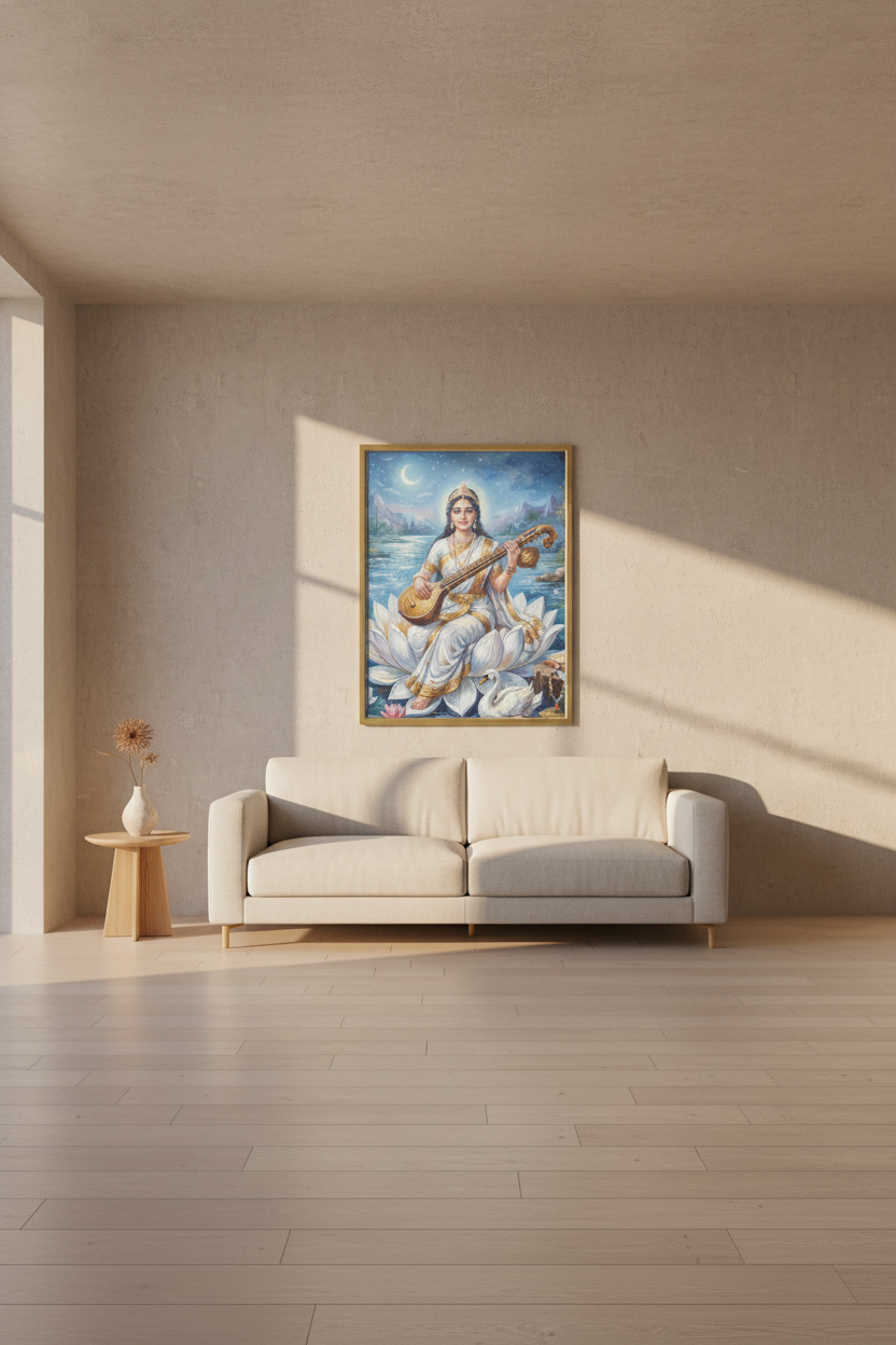 Saraswathi Metal Poster – Goddess of Wisdom Wall Art for Home & Pooja Room